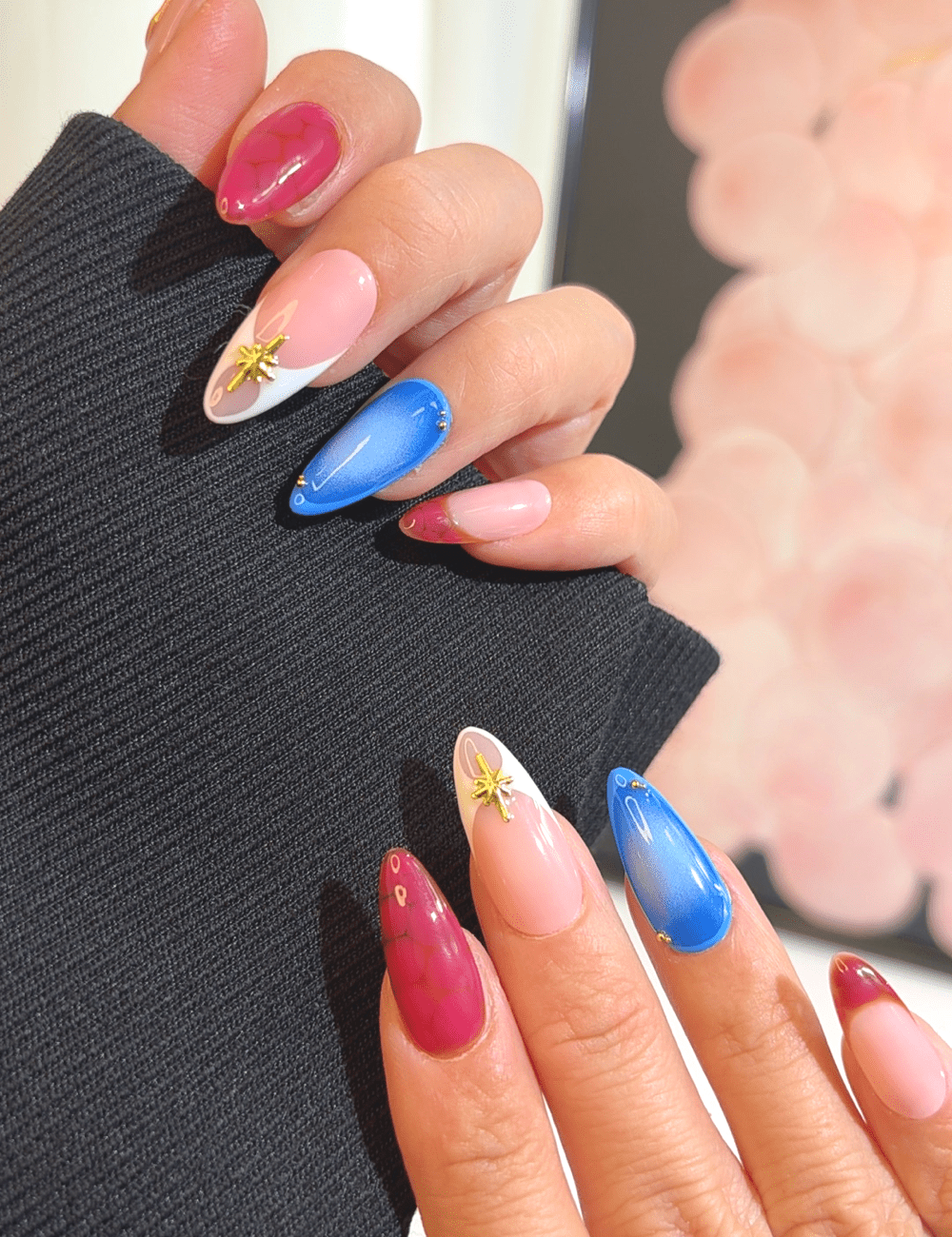 Blue Ombre & Marble Press-On Nails – Medium Almond | Star Accent Design