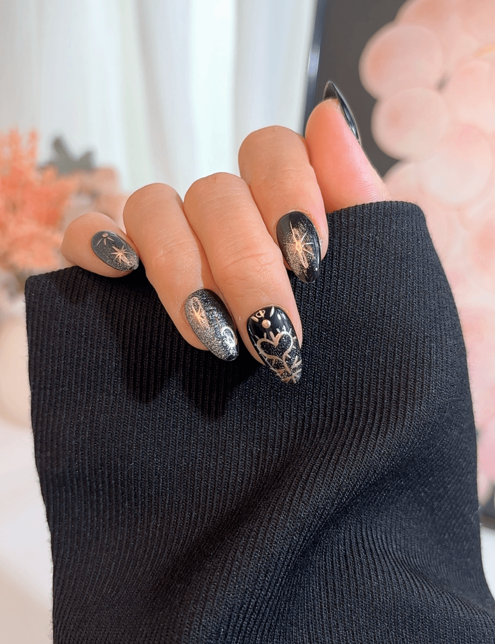 Celestial Star   Moon Press-On Nails – Short Almond | Black  Gold Cosmic Design