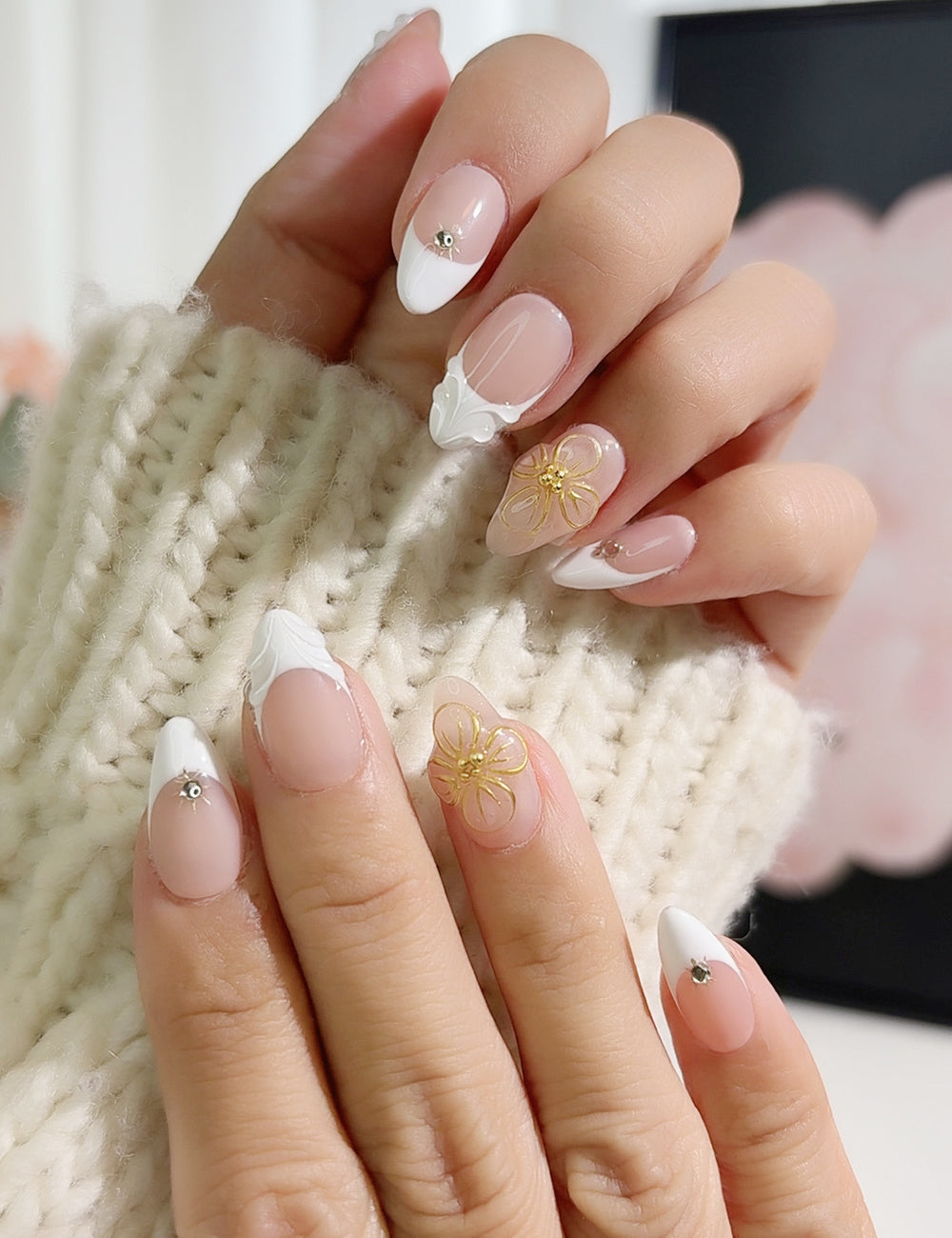 Golden Bloom – 3D French Press-On Nails with Gold Floral Accent | Soft Nude Almond Set