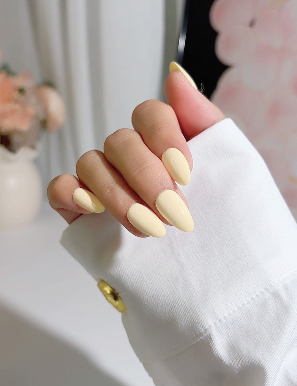 Handmade Press On Nails Cream Yellow Solid Color Reusable Fake Nails CHICNAILS