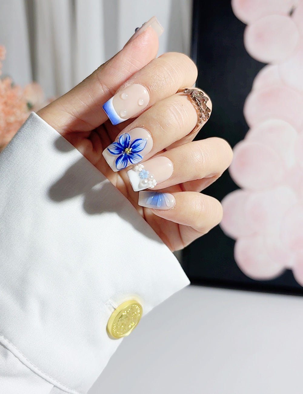 Blue Bloom 3D Flower Medium Square Press-On Nails