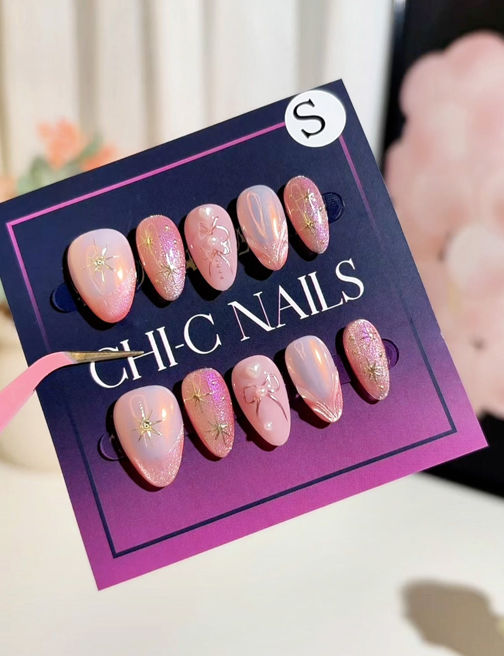 Pink Stardust Press-On Nails – Glittery Pink with Gold Stars & 3D Ribbons