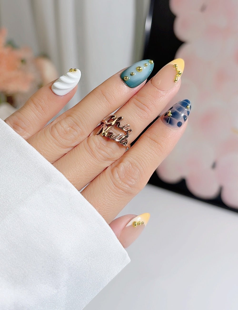 Handmade Press On Nails Blue Green Yellow Mix Design Reusable Fake Nails CHICNAILS