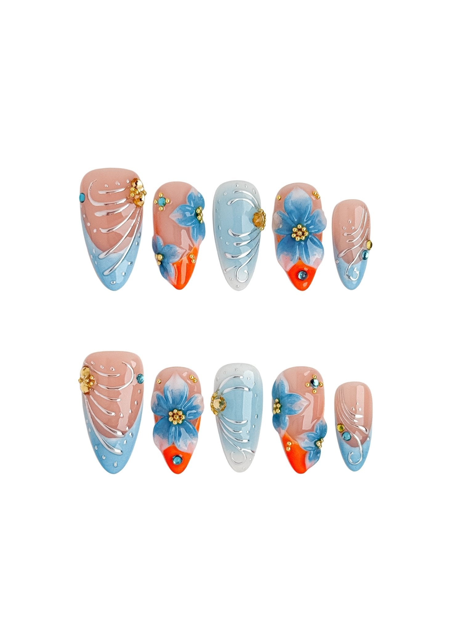 Azure Tropica 3D Floral Press On Nails Medium Oval
