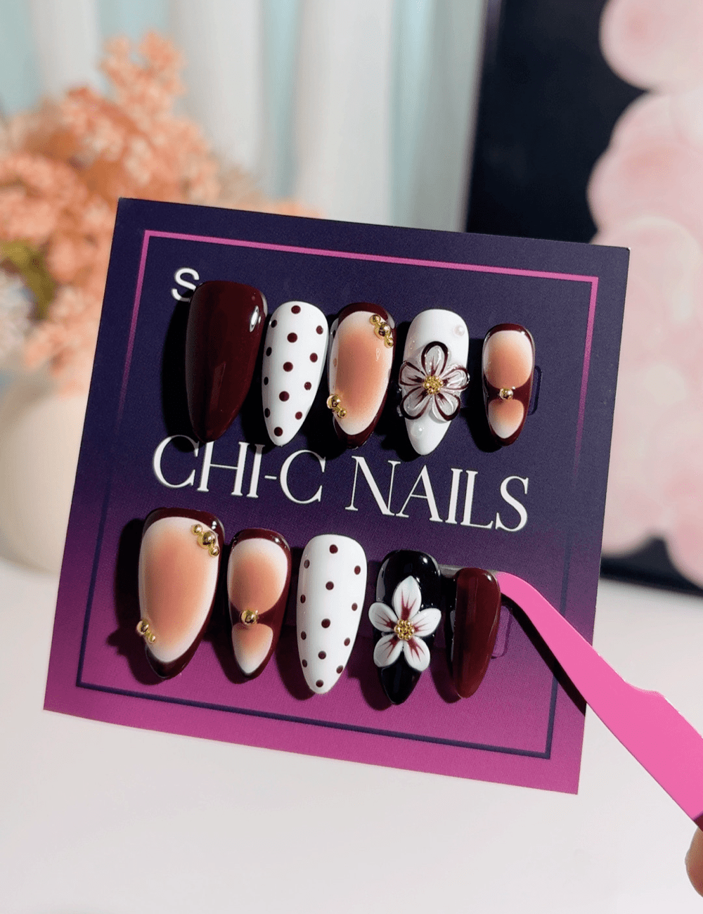 Brown Nude Floral Polka Dot Press-On Nails – Medium Almond