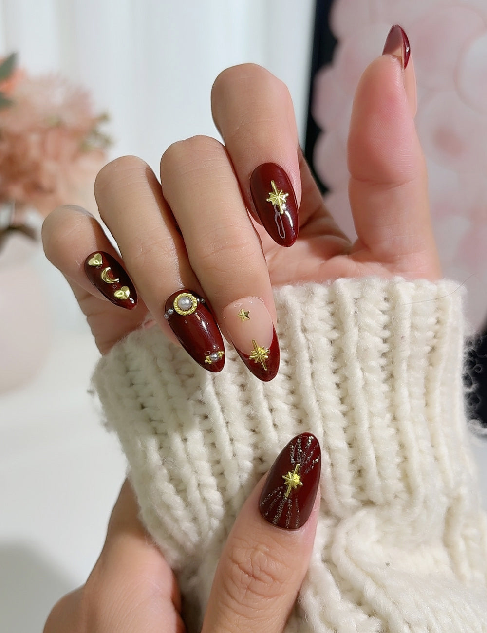 Midnight Muse Press-On Nails – Burgundy Red with Cross, Stars & Moon