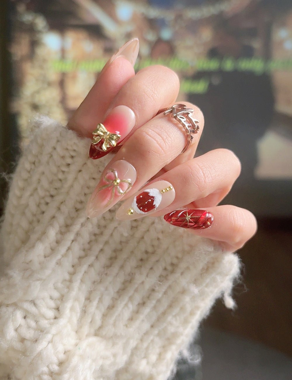 Red Gold Christmas Bow Press-On Nails