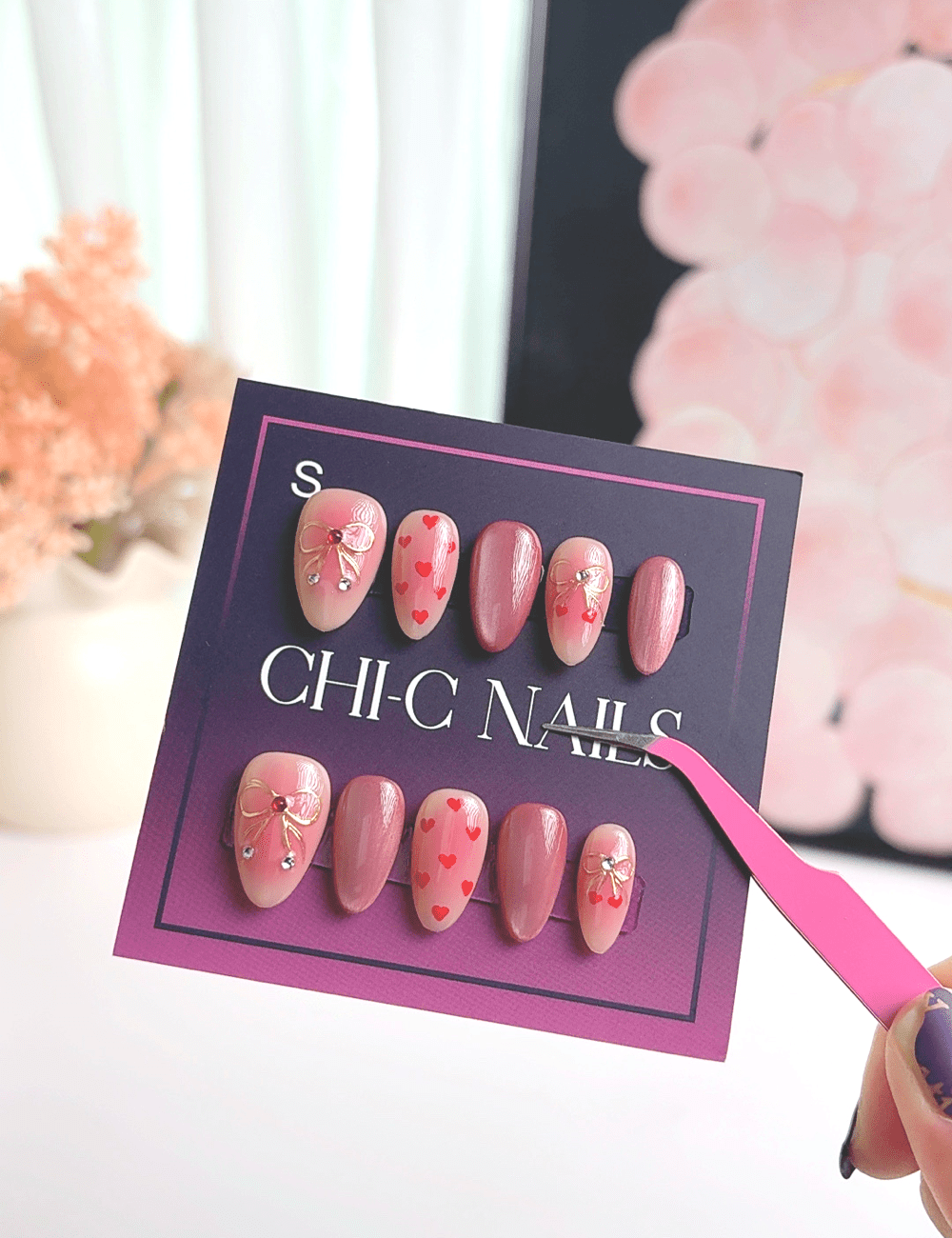 Valentine Heart Chrome Press On Nails – Short Almond Pink Love Design