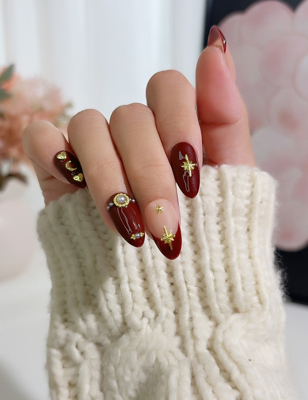 Midnight Muse Press-On Nails – Burgundy Red with Cross, Stars & Moon