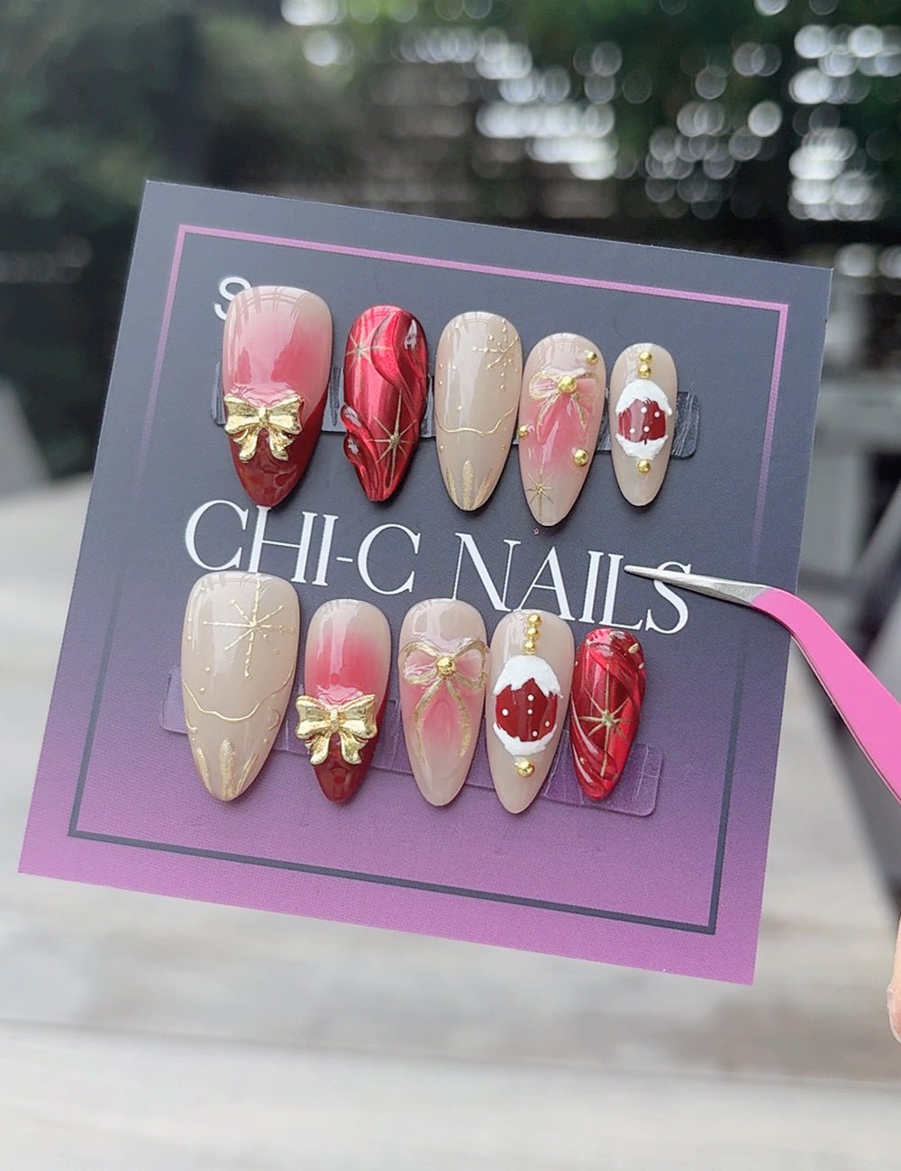 Red Gold Christmas Bow Press-On Nails
