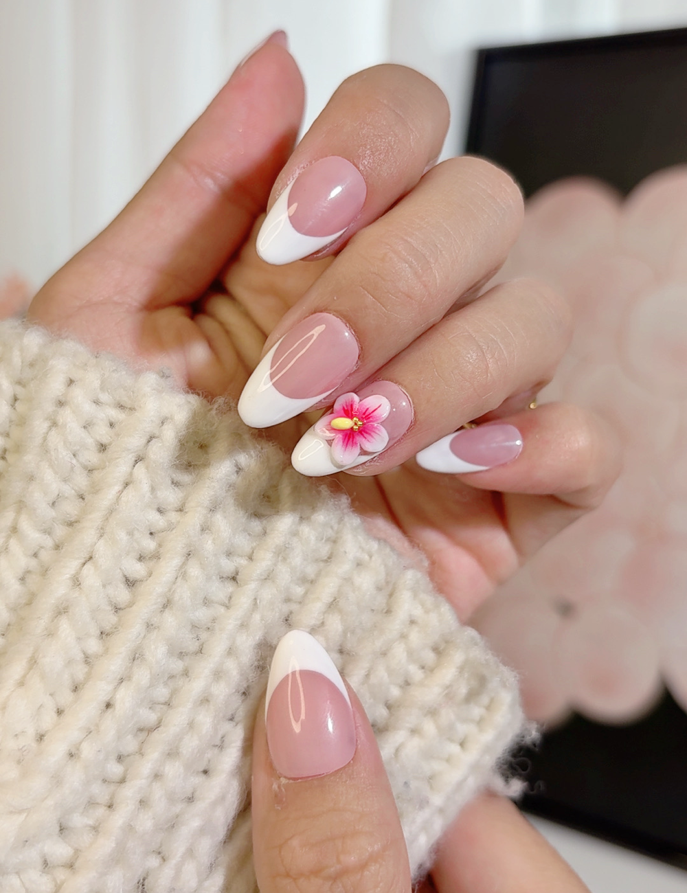 White French Press-On Nails with 3D Pink Flower – Medium Almond Spring Design