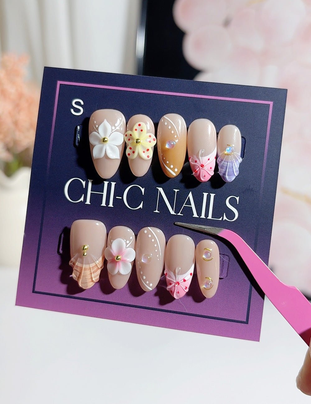 Sweet Blossom 3D Pink Press-On Nails – Almond Set