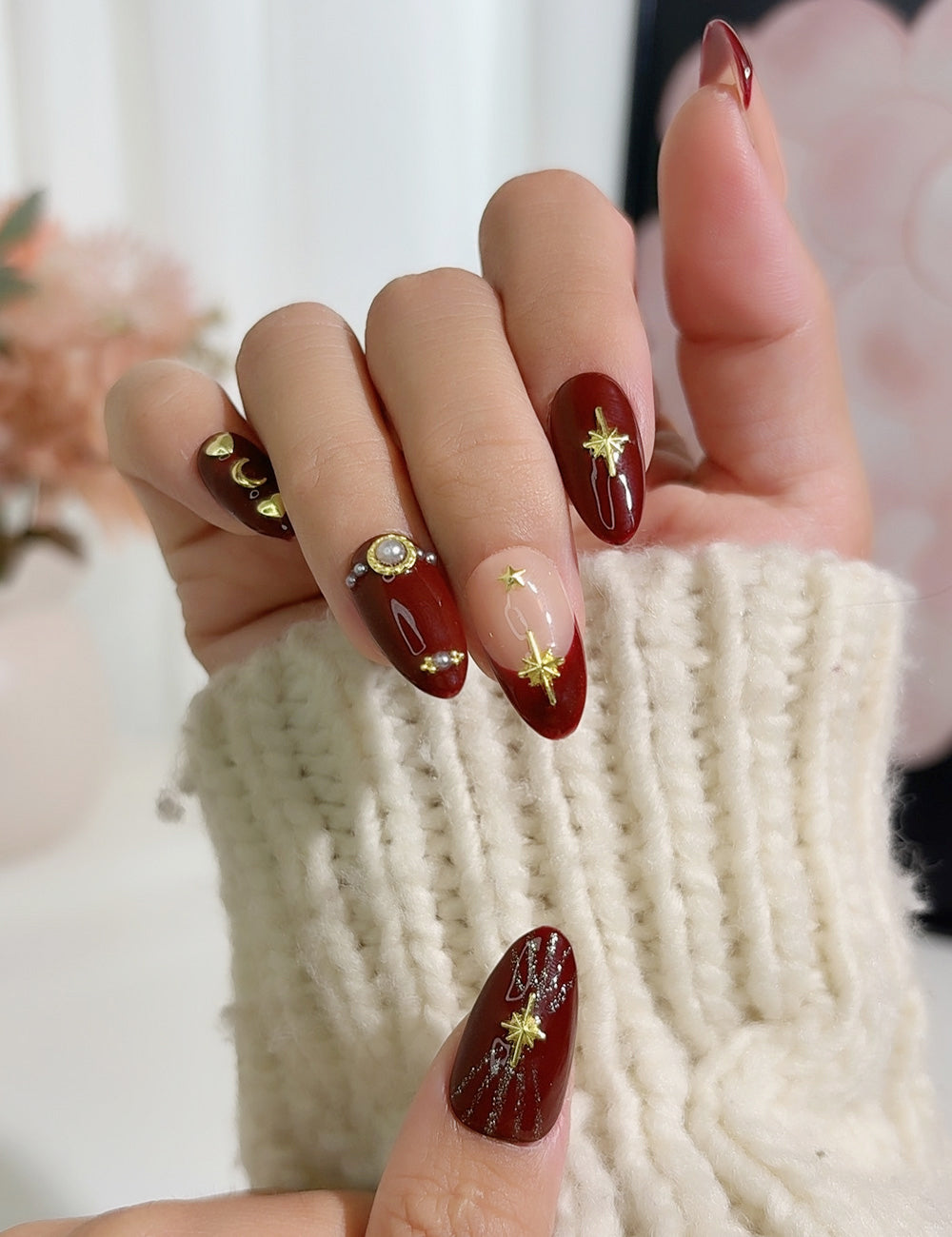 Midnight Muse Press-On Nails – Burgundy Red with Cross, Stars & Moon