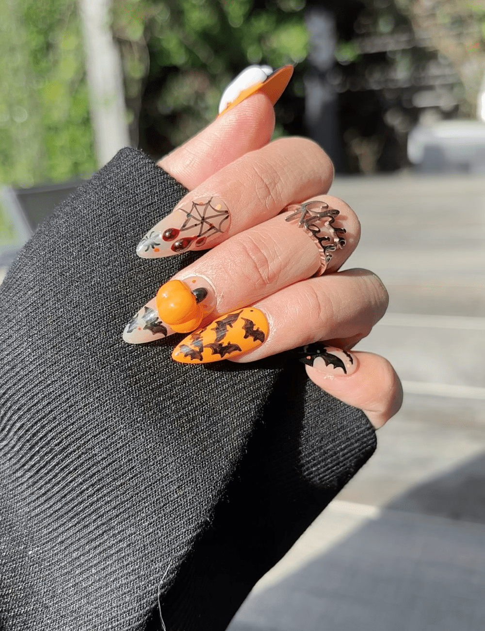 Halloween Pumpkin & Ghost Press-On Nails – Medium Almond with 3D Pumpkin & Spider Webs