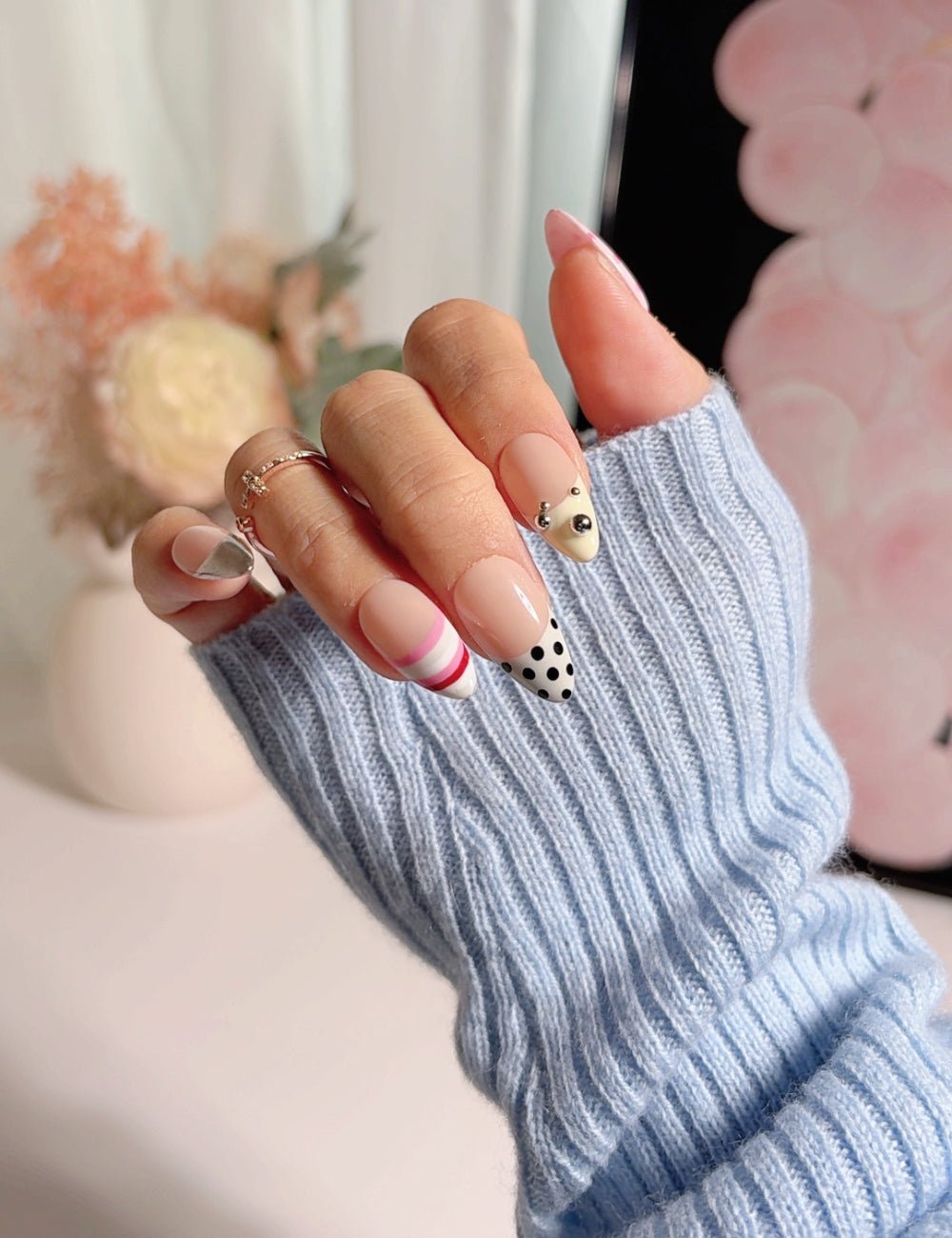 Modern Mix French Press-On Nails - Polka Dot & Chrome Silver Art - Medium Almond