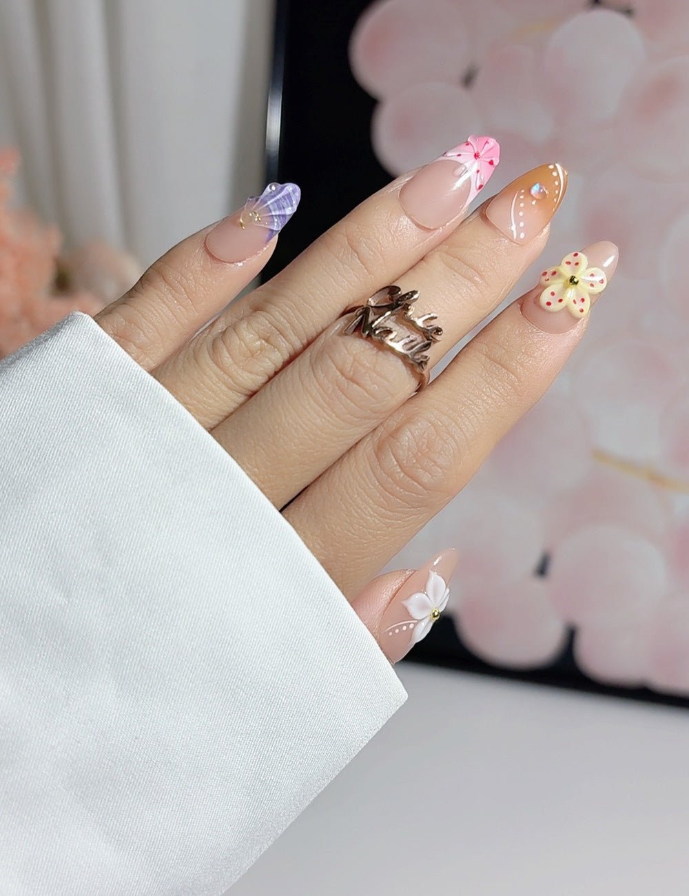Sweet Blossom 3D Pink Press-On Nails – Almond Set