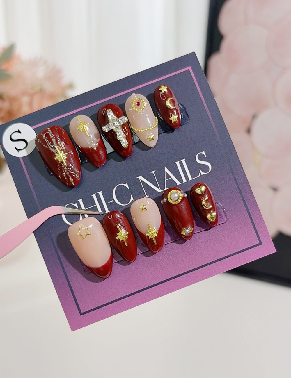Midnight Muse Press-On Nails – Burgundy Red with Cross, Stars & Moon