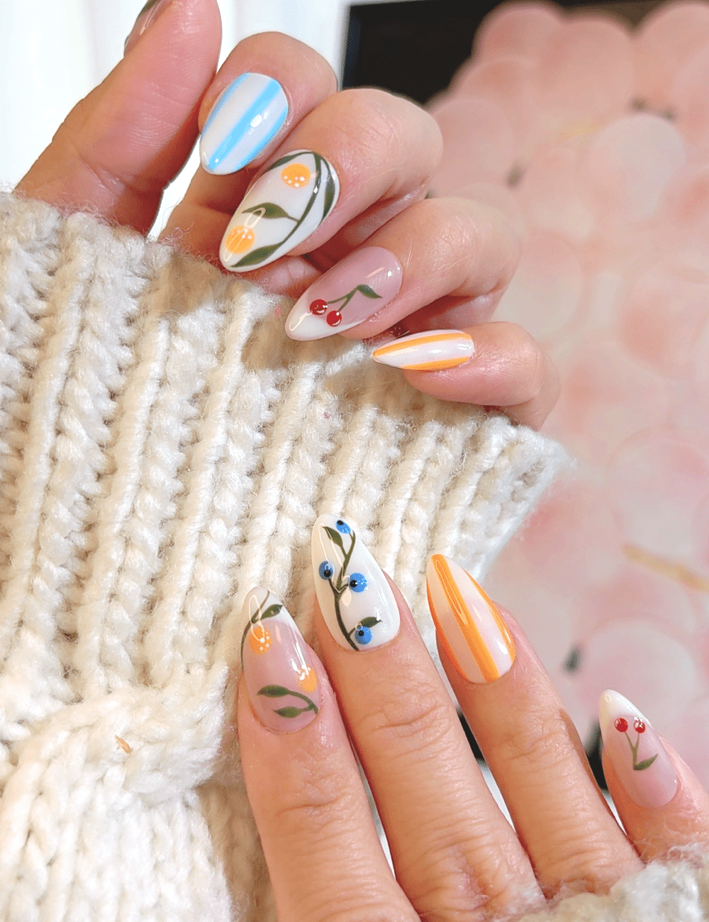 Fruit Garden Press-On Nails – Medium Almond | Colorful Summer Design