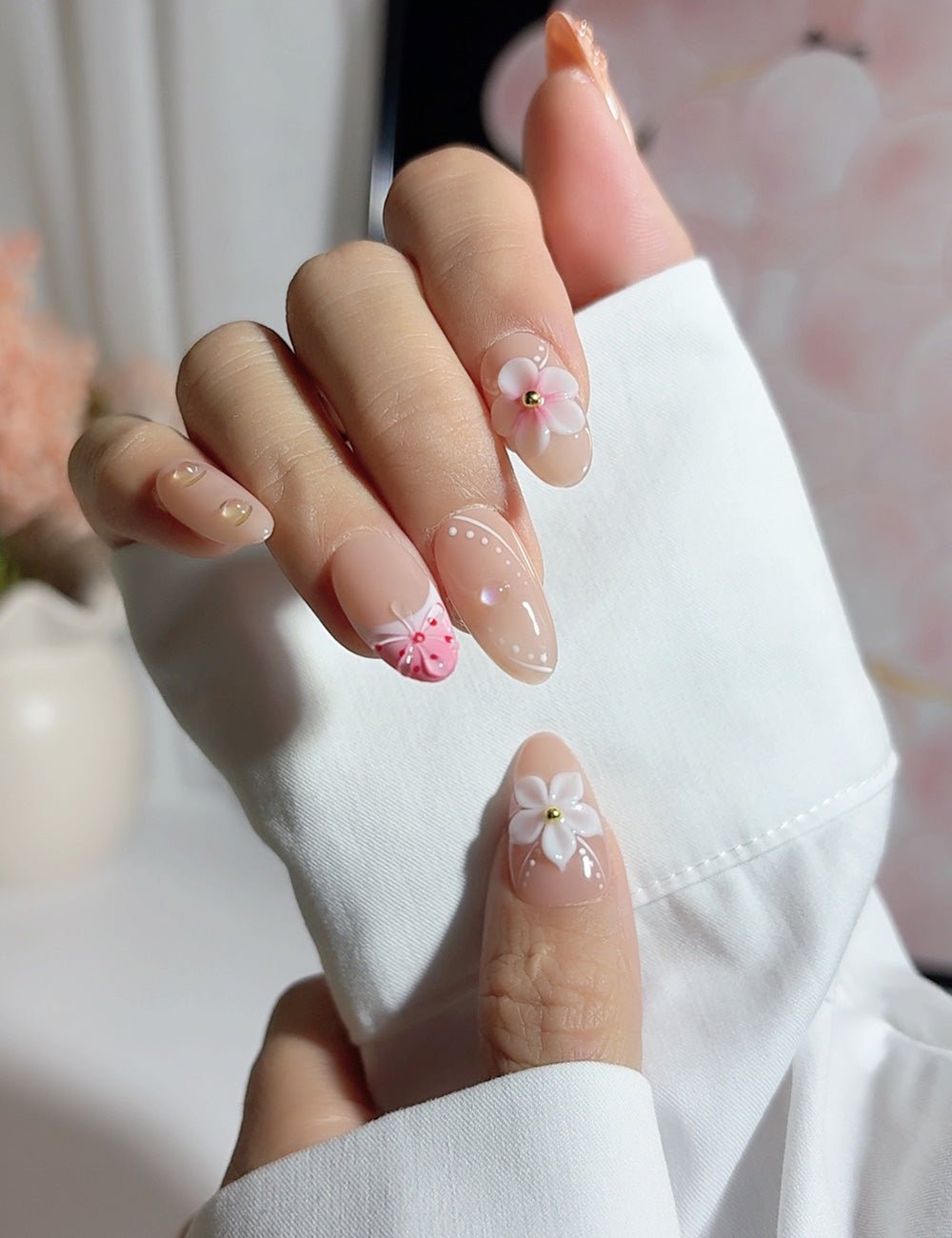 Sweet Blossom 3D Pink Press-On Nails – Almond Set