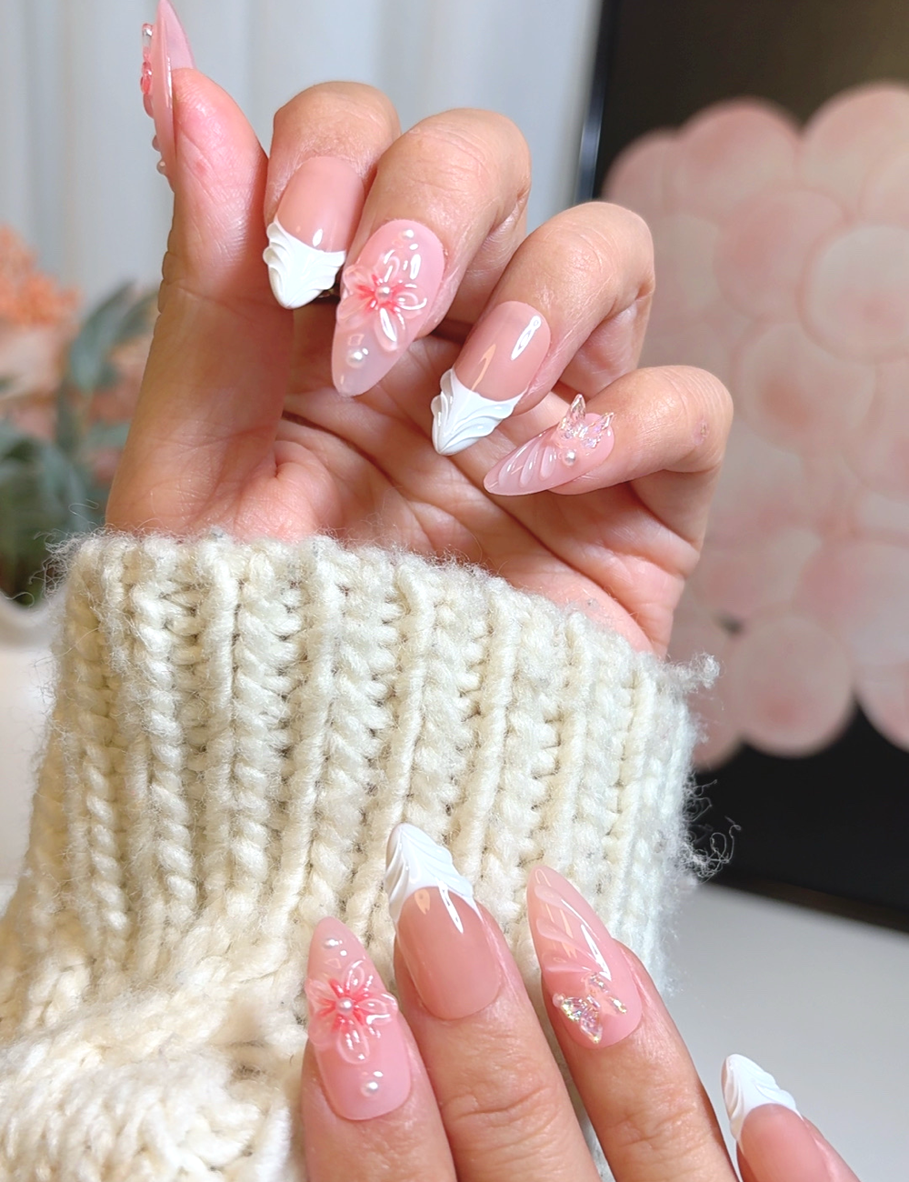 3D Sakura Swirl & Petal Gloss – Medium Almond