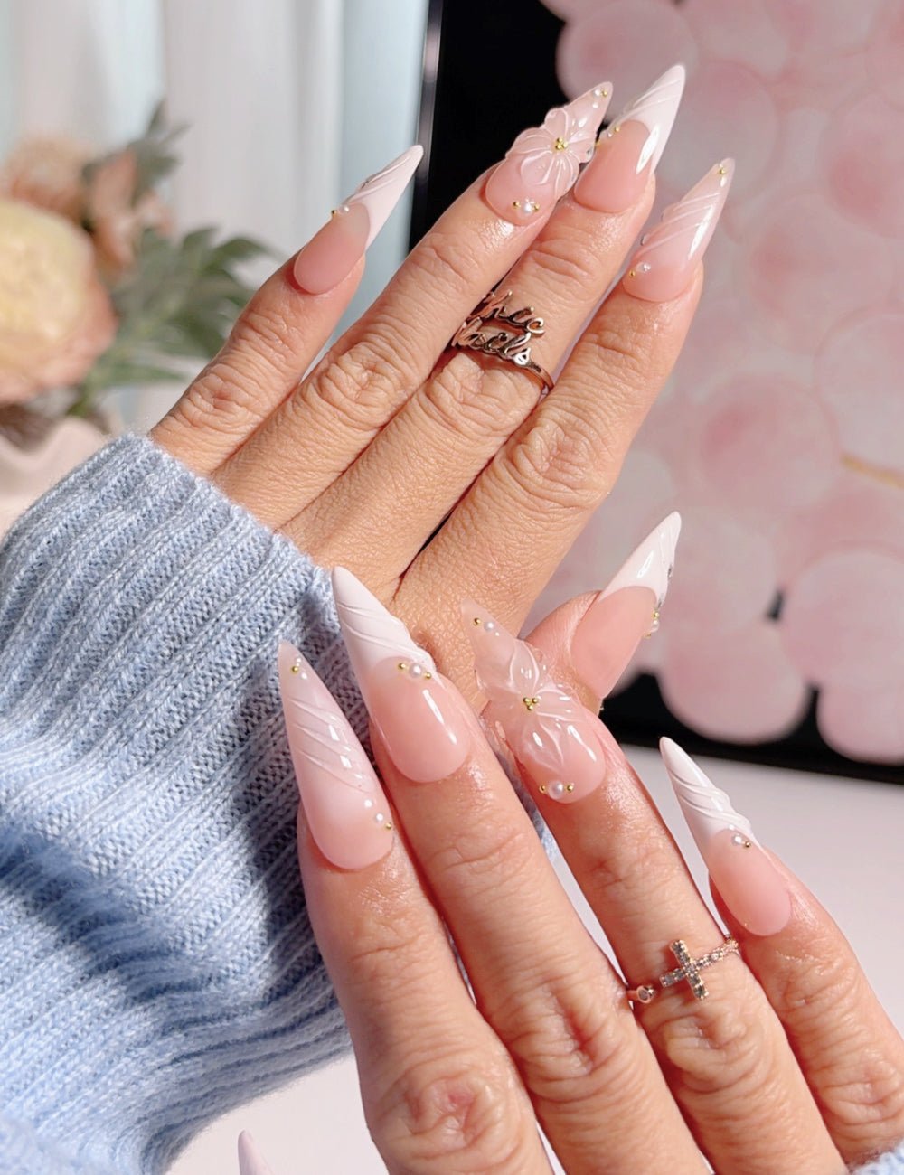 Stiletto Nude Pink Press-On Nails – White French Tip 3D Floral Elegant Nails