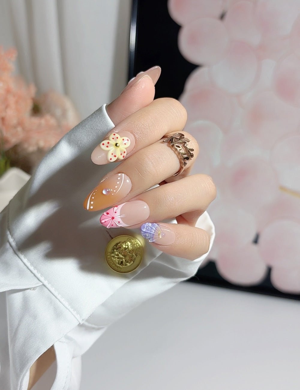 Sweet Blossom 3D Pink Press-On Nails – Almond Set