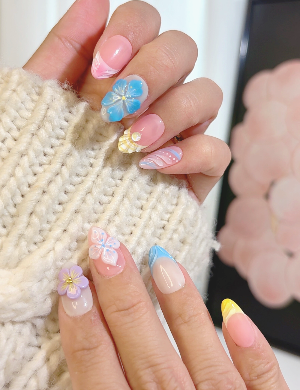 Pastel Bloom Press-On Nails – Pink & Blue Floral 3D Design | Short Almond Spring Nails