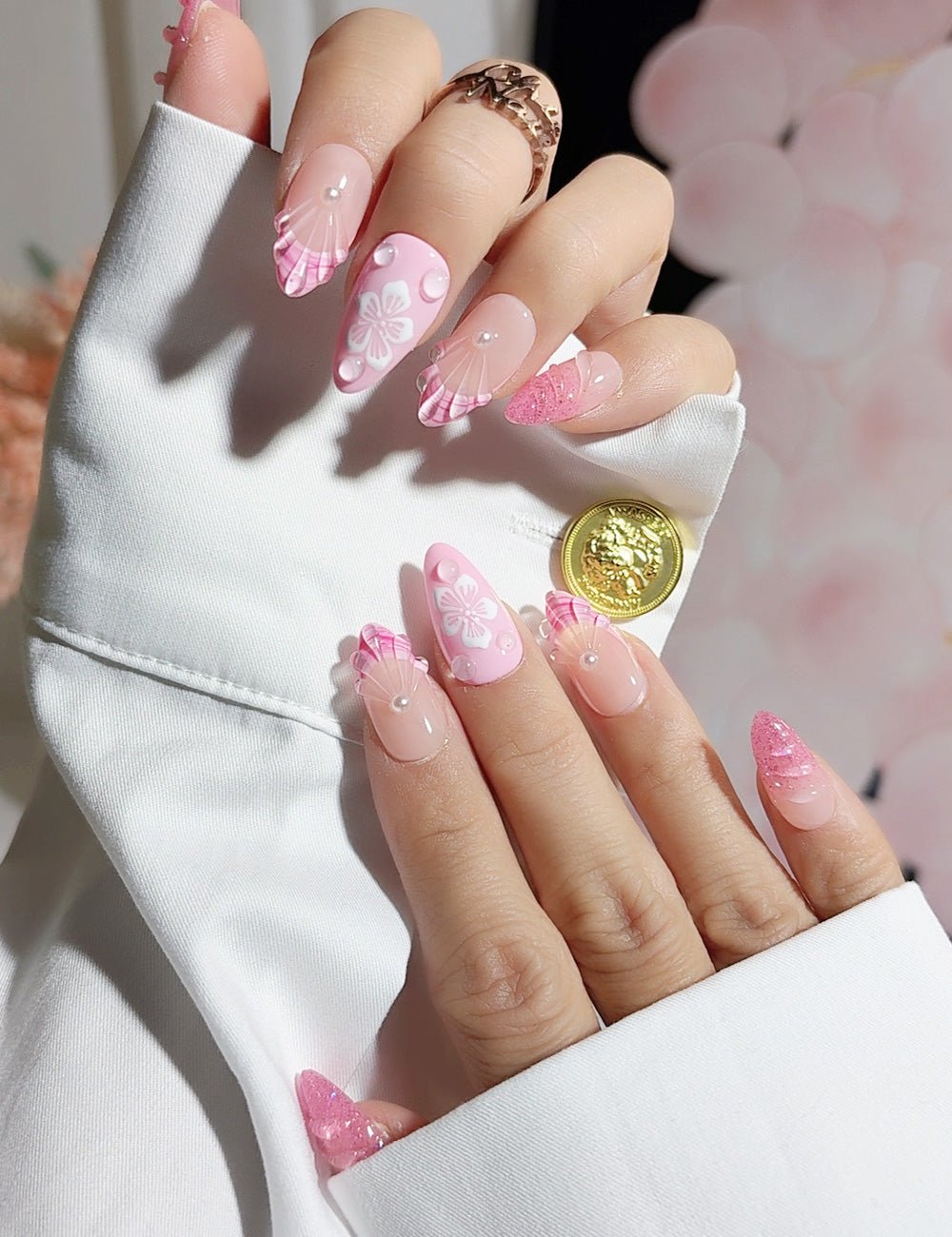 Pink Sakura Petal Press-On Nails – Almond Set