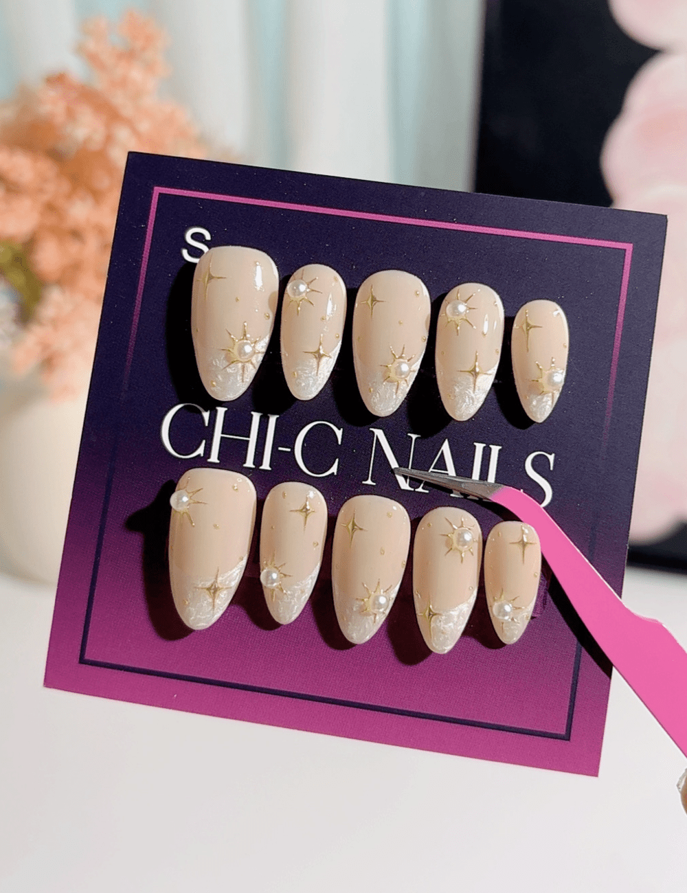 Starlit Pearl Press-On Nails – Milky Nude & Gold Star Design