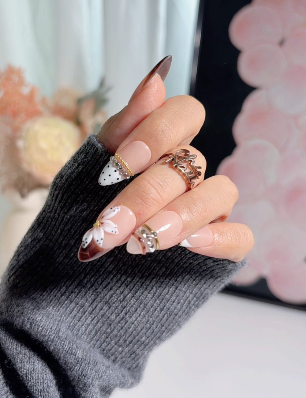 Handmade Medium Almond Press-On Nails - 3D Floral & Polka Dot Luxury Fake Nails
