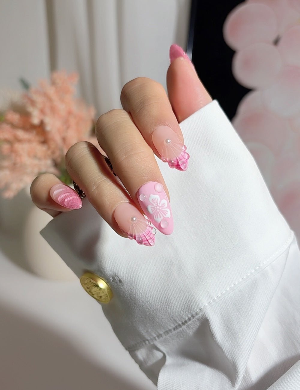 Pink Sakura Petal Press-On Nails – Almond Set