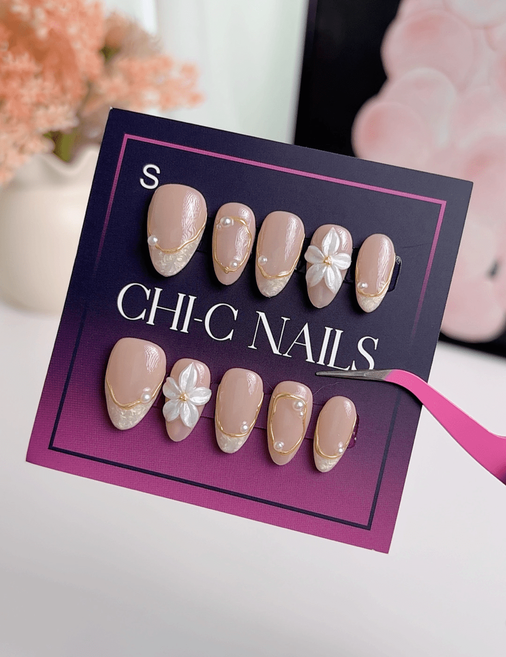 Gold Floral French Press On Nails | Nude Short Almond Nails | Elegant Pearl Gold Design | Handmade Press On Nails