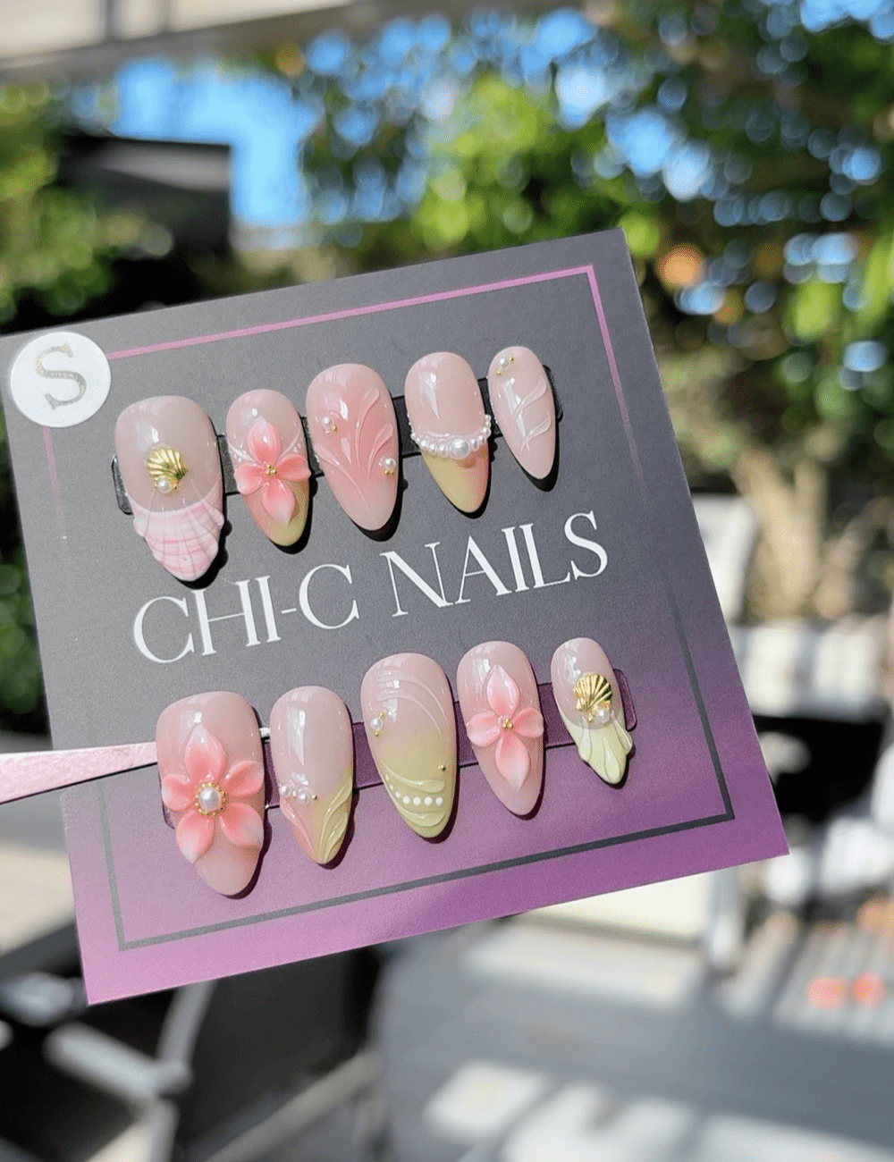 Pink Blossom Pearl Press-On Nails – Soft Yellow Tips & 3D Floral Design