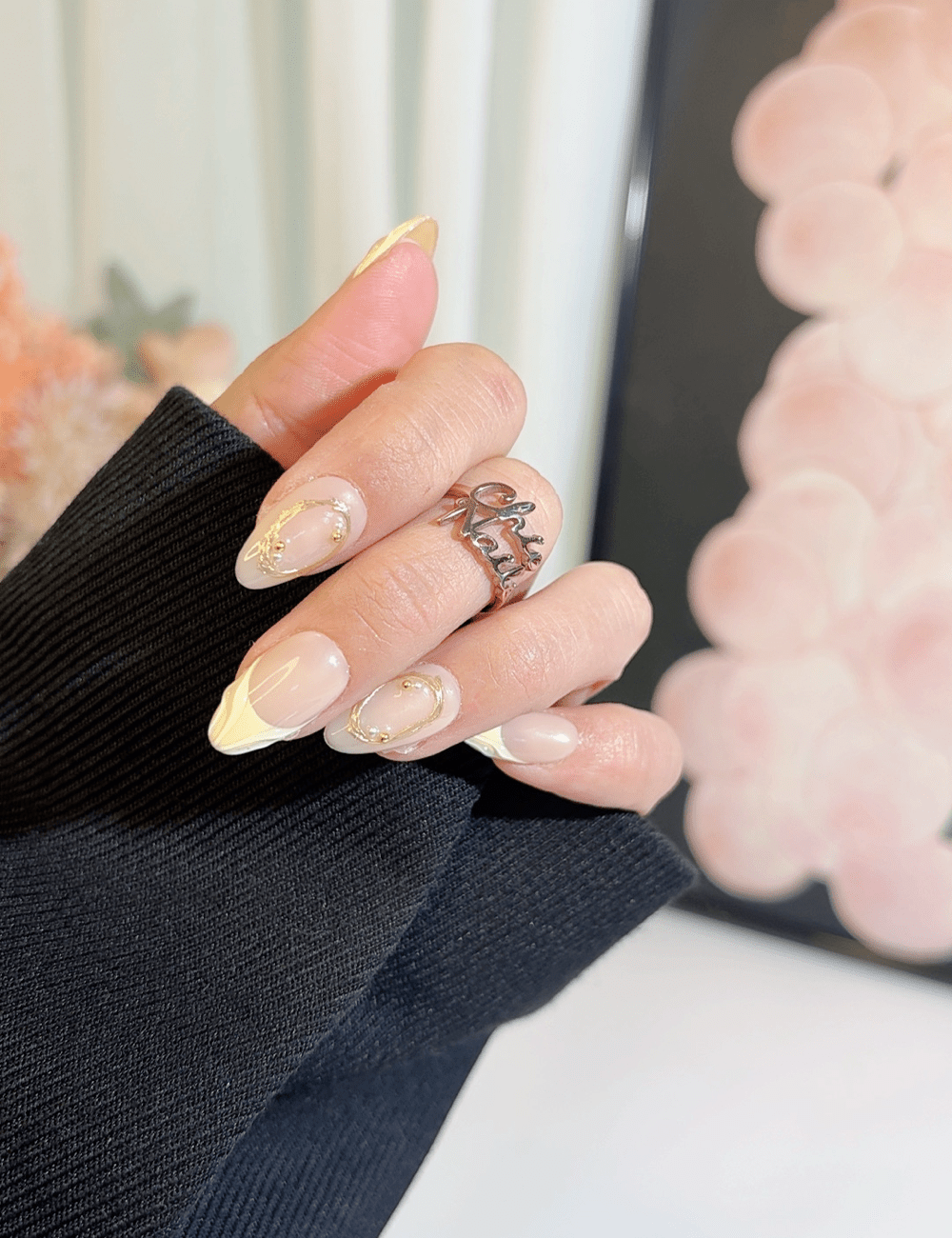 Taupe & Lemon French Press-On Nails – Gold Chain Accents | CHICNAILS