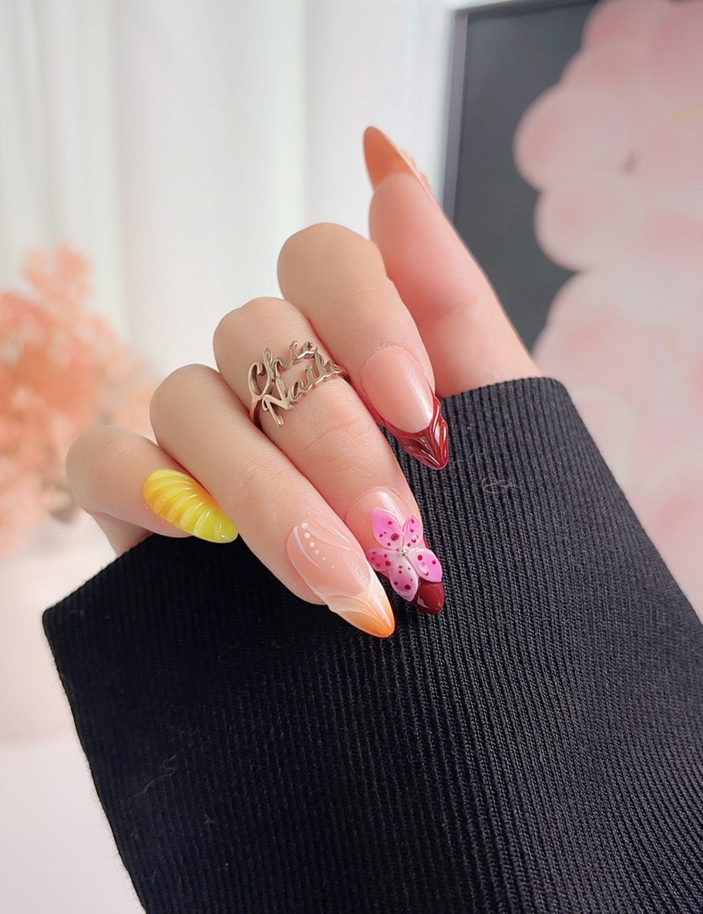 Colorful Floral Press On Nails, Medium Almond, Handmade Jelly Nails, Artistic Statement Fake Nails