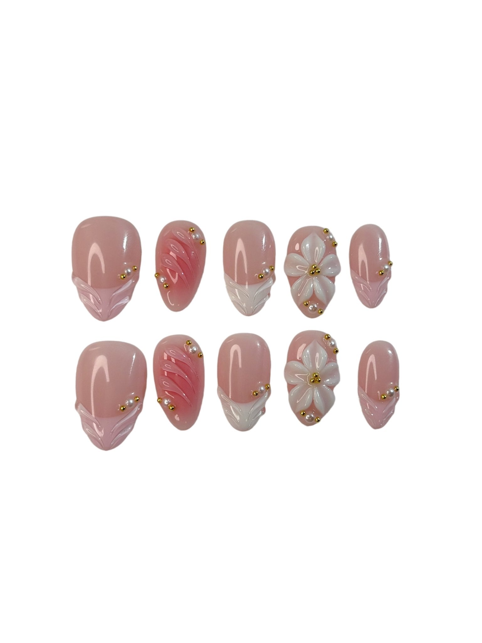 Pink 3D Flower Press On Nails Handmade Reusable Fake Nails Short Almond
