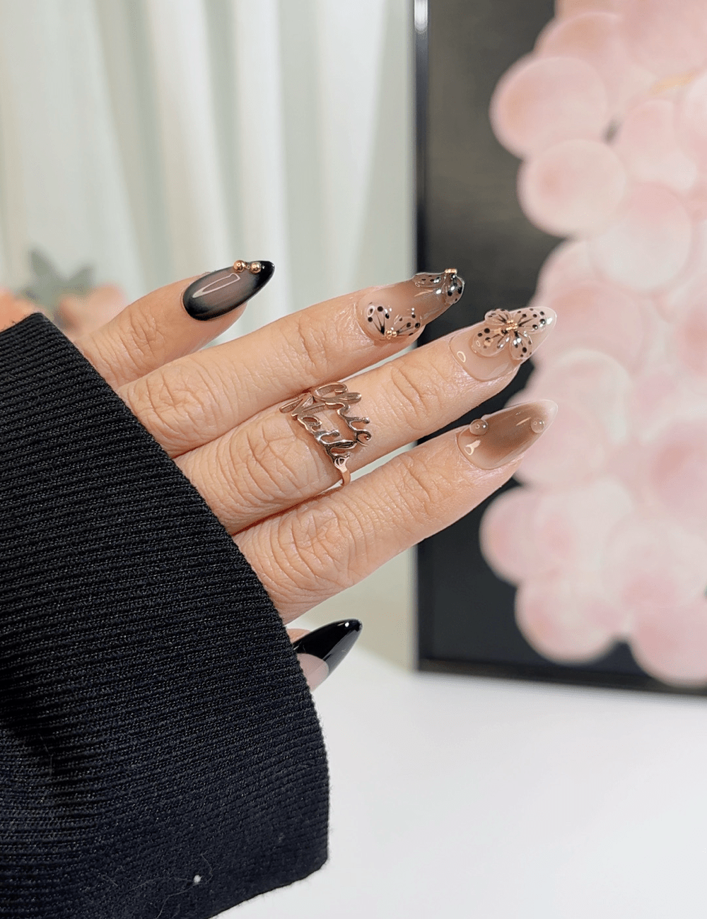 Black Butterfly Floral Ombre Press-On Nails – Medium Almond