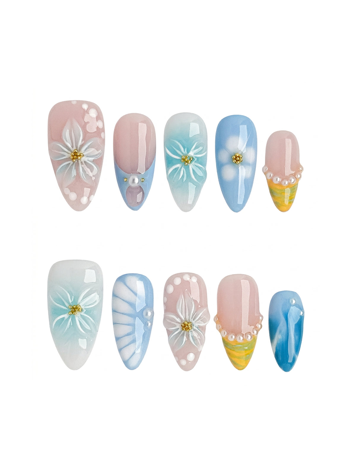 Azure Bloom Medium Almond Press On Nails