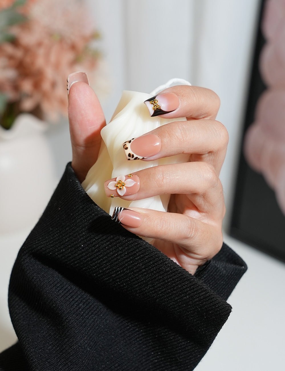 Leopard & Floral Press-On Nails – Square Shape with 3D Flower & Gold Details