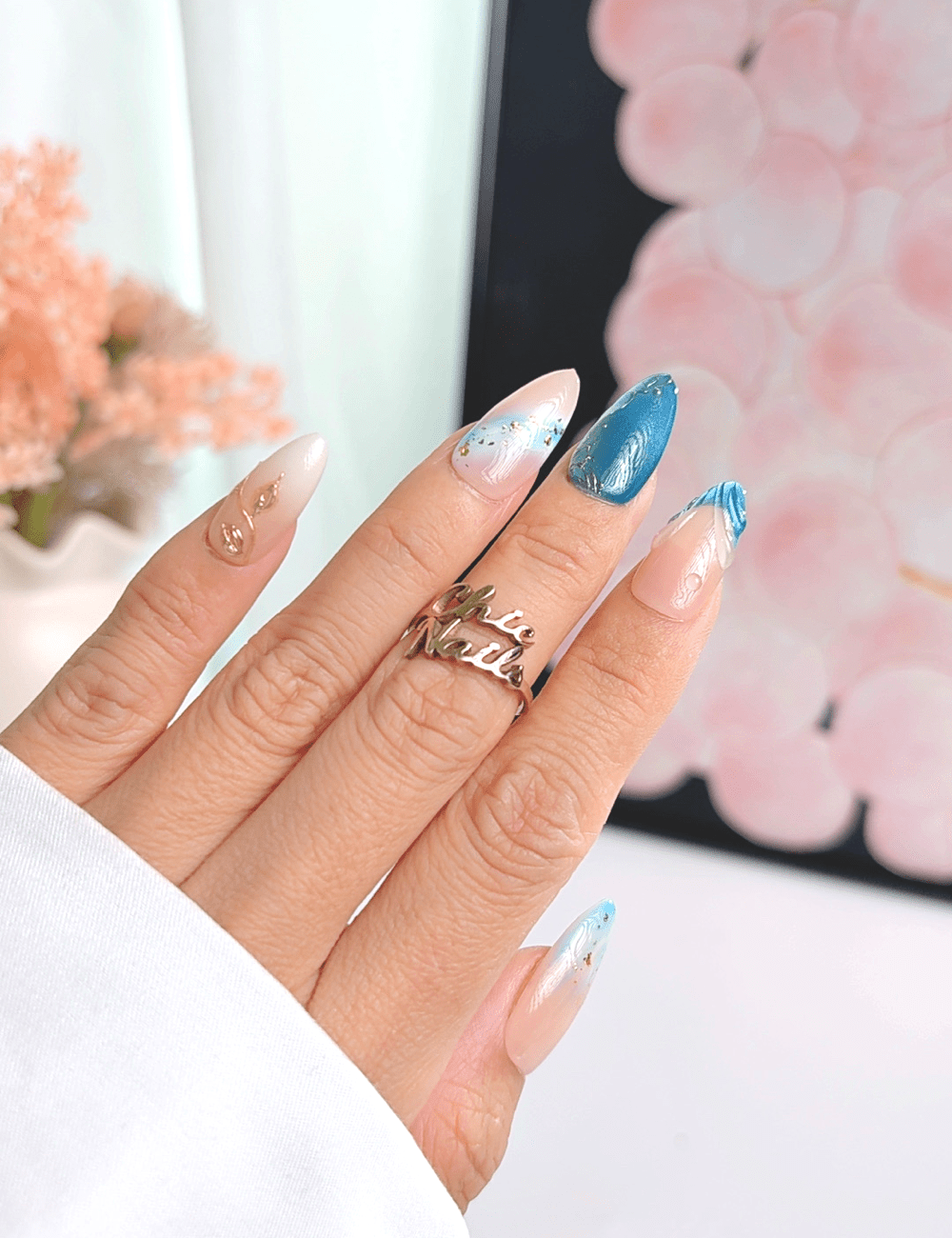 Blue Gold Floral Press On Nails | Nude Almond Nails | Elegant Blue Accent Design | Handmade Press On Nails