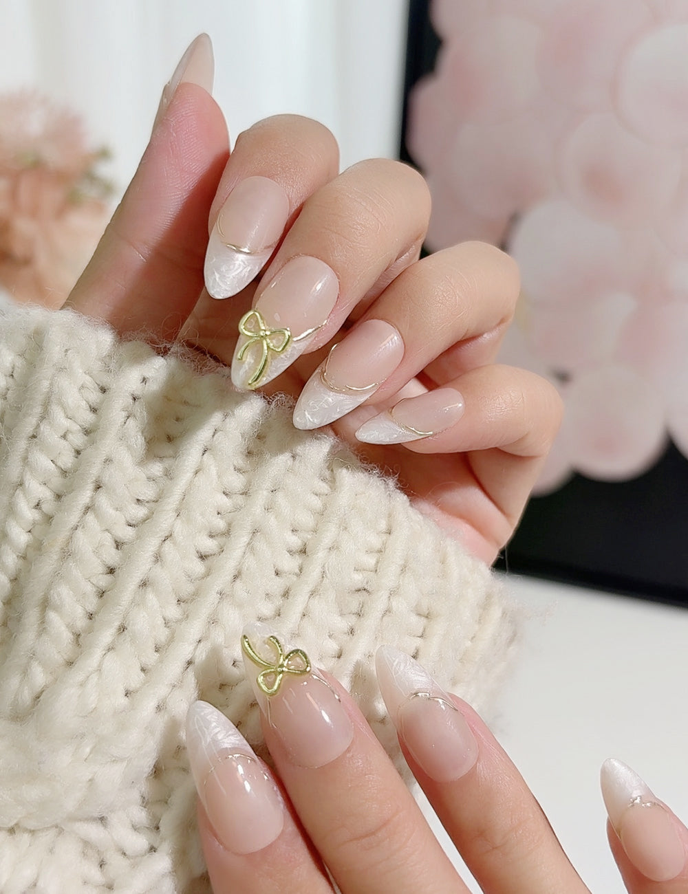 Champagne Ribbon Press-On Nails – Nude Sculpted French with Gold Bow