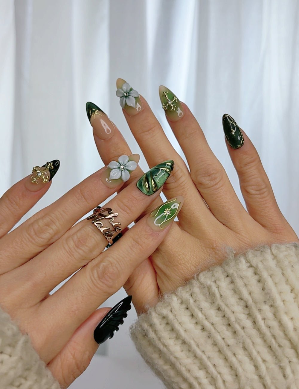 Forest Bloom Cross Press-On Nails | Green Marble Floral Nail Set