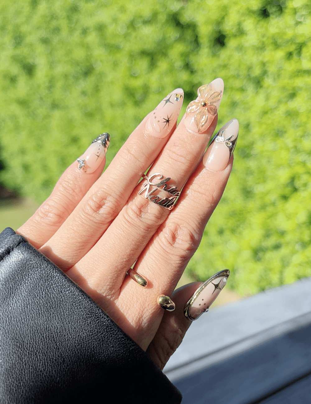Golden Muse – 3D Gold Floral Medium Almond Press-On Nails