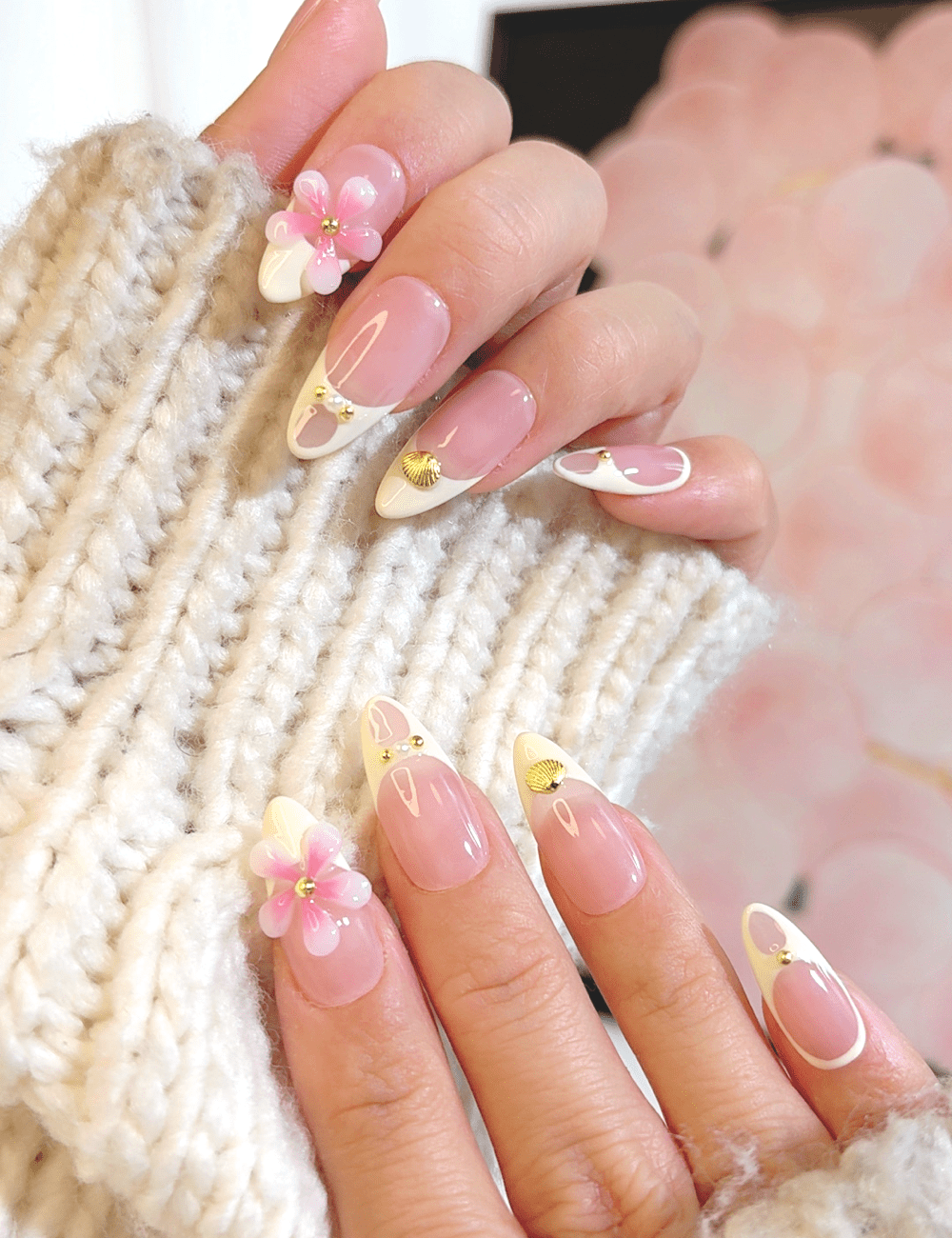 3D Flower French Press-On Nails – Medium Almond | Elegant Pink & White Design