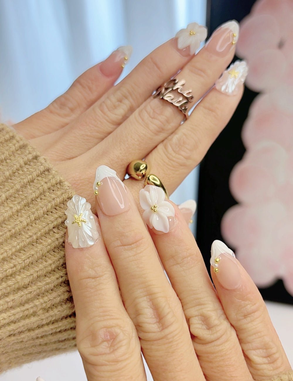 Handmade White French Pearl 3D Floral Short Almond Press-On Nails