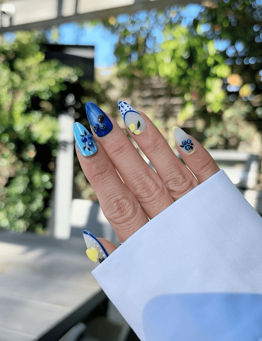 Blueberry Lemon Press-On Nails Set – 3D Fruit & Plaid Summer Design