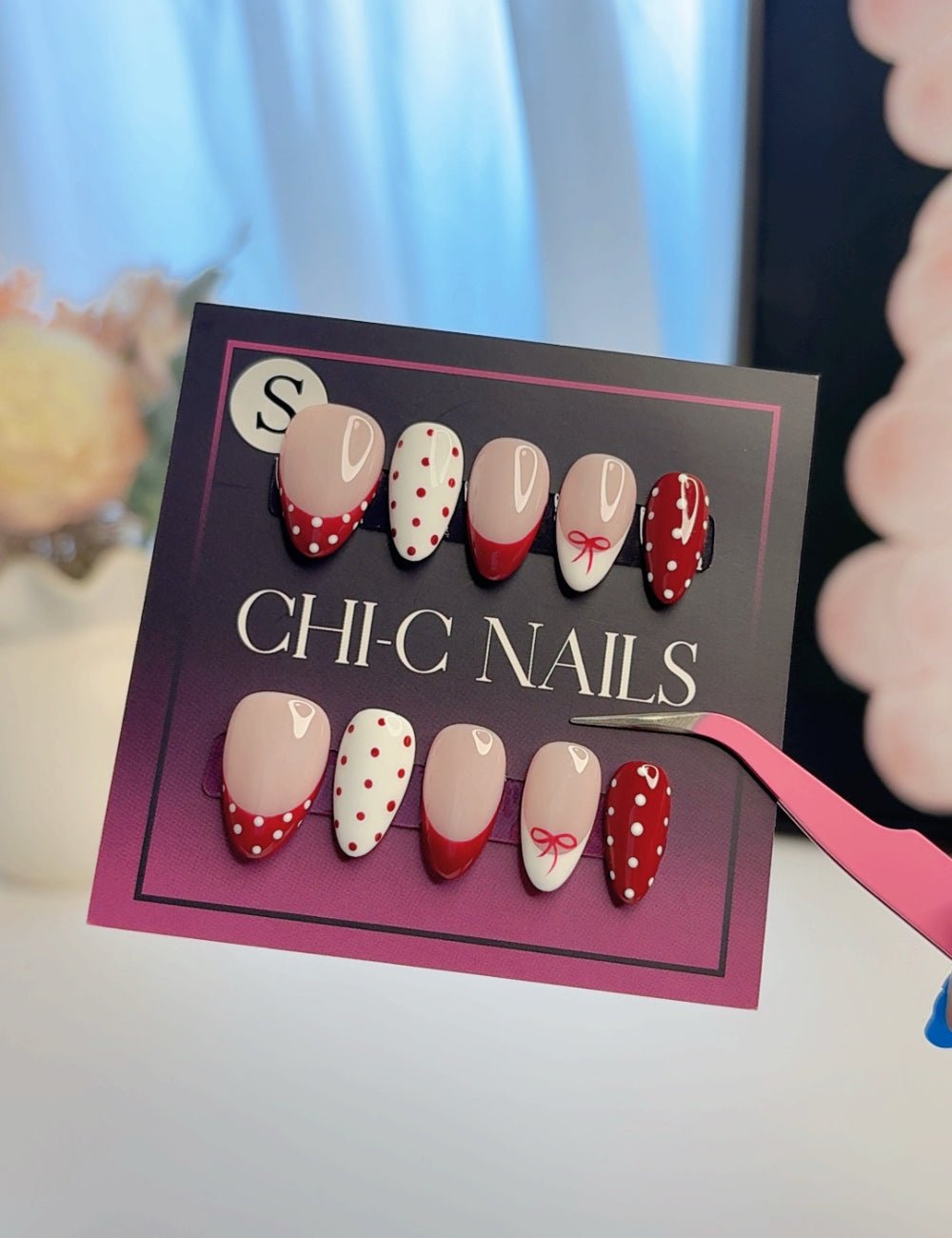 Handmade Red French Polka Dot Bow Short Almond Press-On Nails