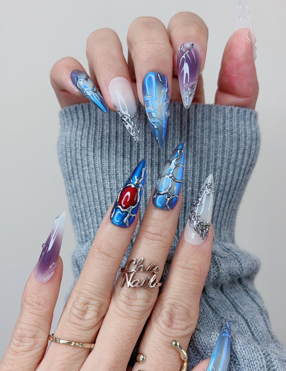 Blue Gothic Fantasy Long Stiletto Press On Nails