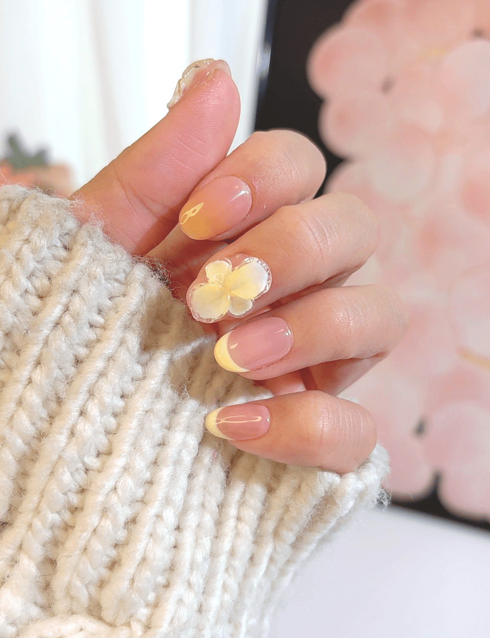 Yellow French Flower Press-On Nails – Short Oval | 3D Summer Floral Design