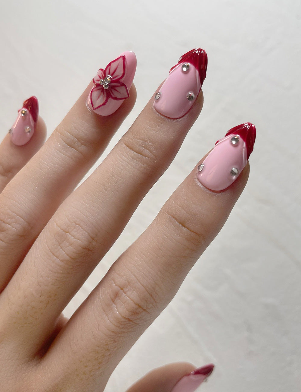 Sweetheart Bow Press-On Nails – Pink & Red French with 3D Ribbon Charm